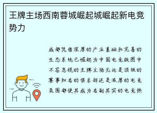 王牌主场西南蓉城崛起城崛起新电竞势力